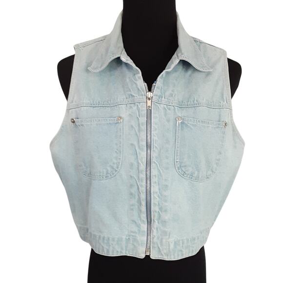 Vintage 90s Gilet Denim Vest Chest Pocket Waistcoat Cropped Zip Front Womens L - Picture 3 of 10